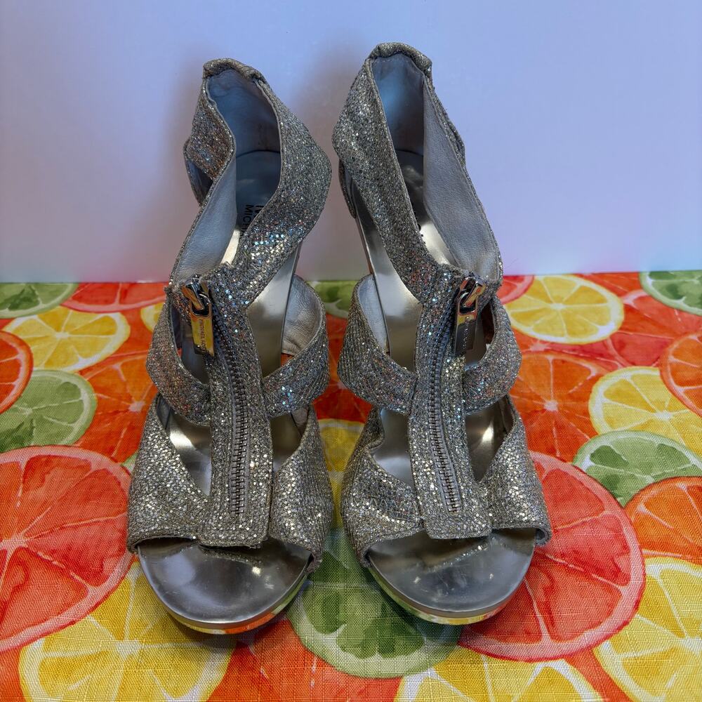 Michael Kors Silver Glitter Zip Front Peep Toe Heels 6.5